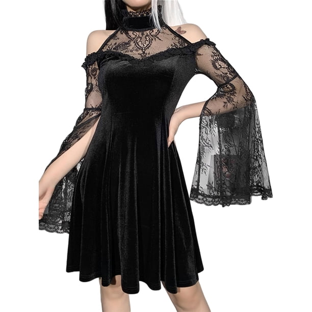 Vestido a media pierna gótico con hombros descubiertos y mangas con volantes de encaje para mujer XBTCLXEBCO Negro, Chico