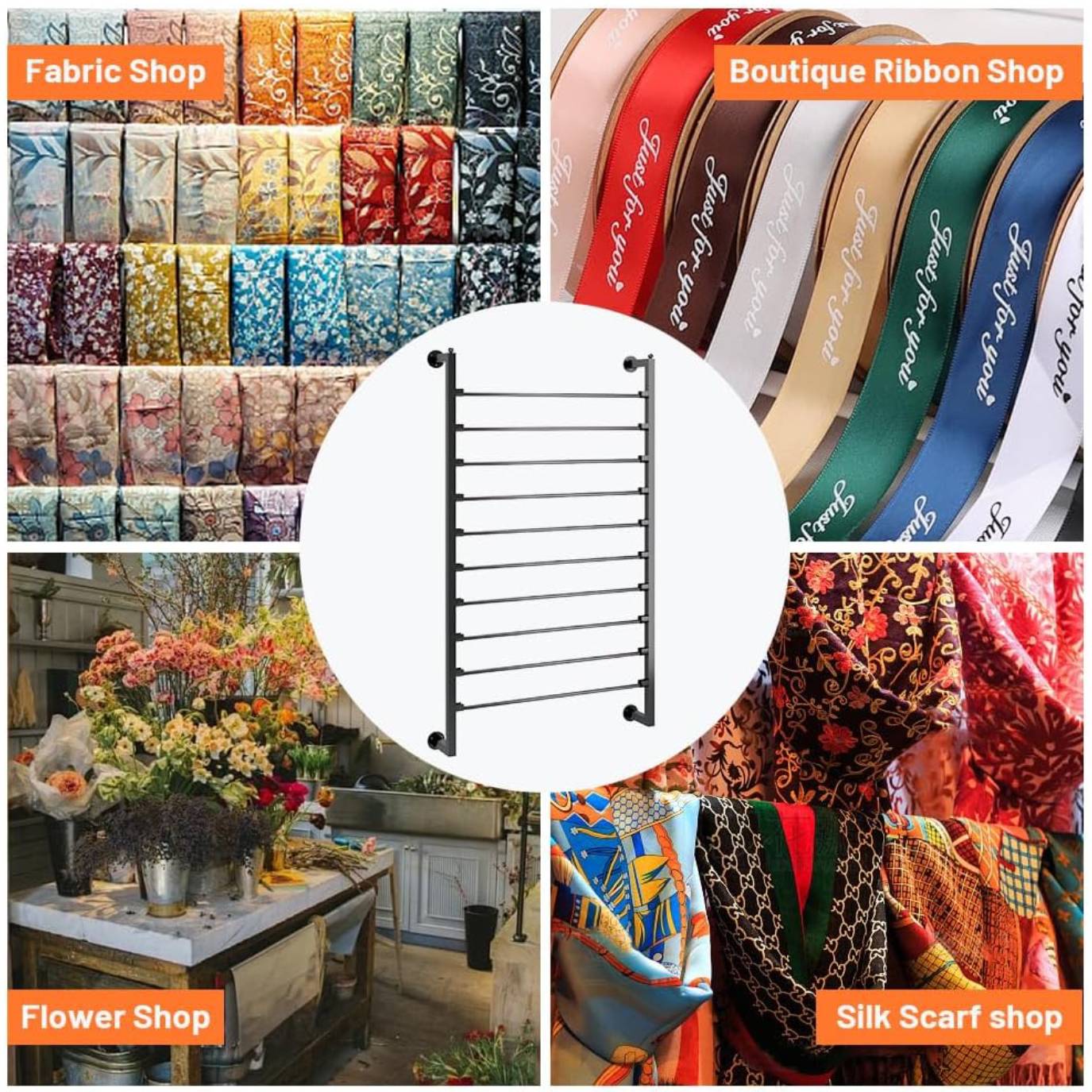 Reykilor 10 Tier Wall Mounted Ribbon Storage Organizer Metal Ribbon Display Shelf Wrapping Paper Rack Holder for Sewing Craft Mesh Thread Tape Crochet