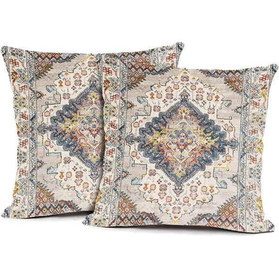 2Pcs Boho Style Throw Pillow Cover Ethnic Design Pattern Linen Persian Carpet Tribal Pattern Throw Pillow Case Cushion Cover Home Office Decorative Square 18x18 inch