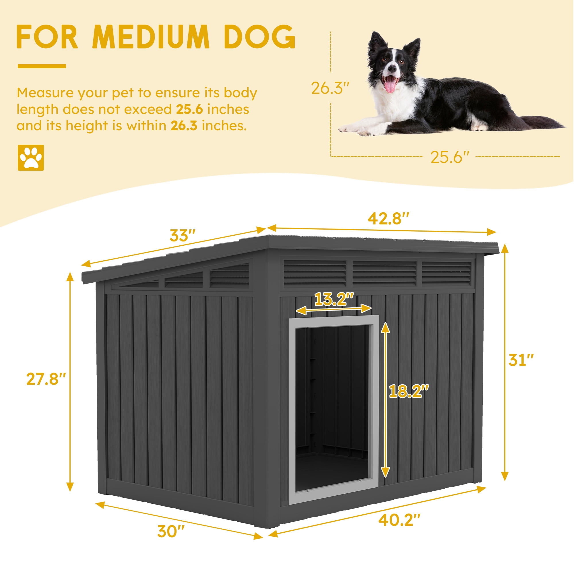 Bifanuo Waterproof Dog House, Indoor Outdoor Kennel with Ventilated Design & Sloping Roof for Medium to Large Dogs, Easy to Clean Design Pet Shelter，PP Material, Black,42.8" L x 33" W x 31.5" H