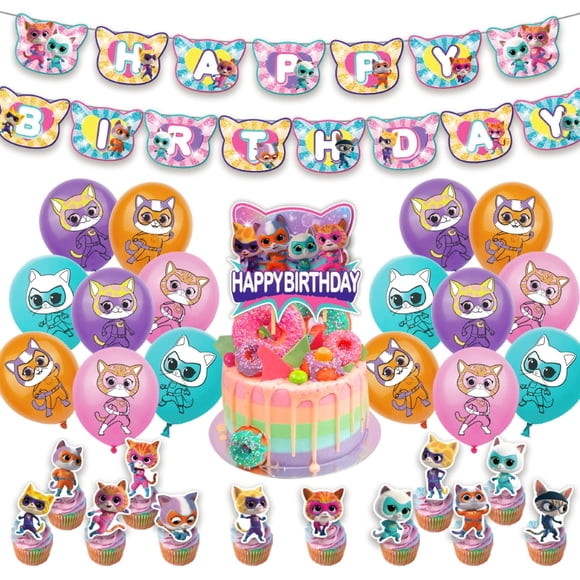Birthday Party Supplies Set with SuperKitties Themed, Including Happy Birthday Banners, Cupcake Toppers, Balloons, Party Decor Kit.