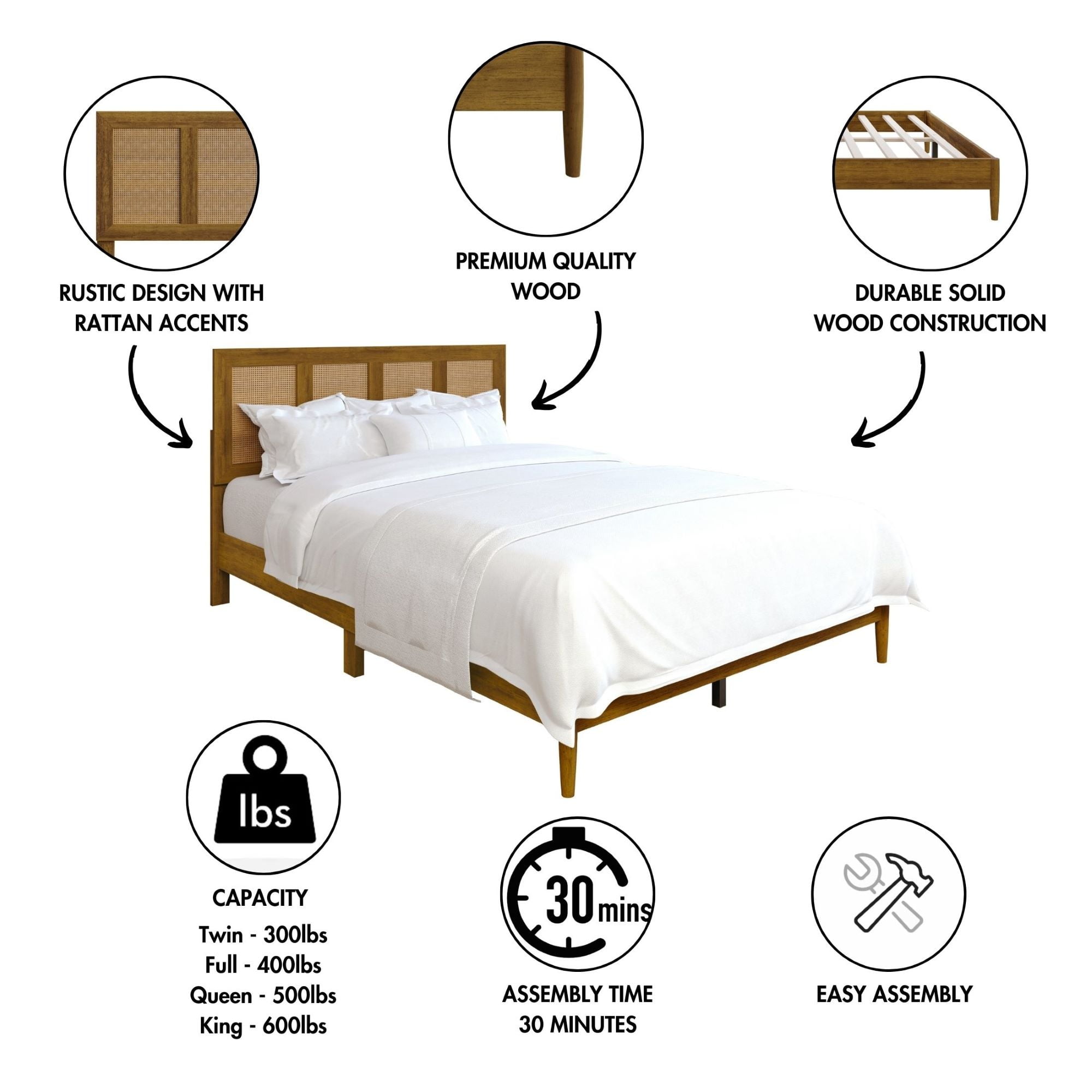 Home Design Skokie Queen Platform Bed Frame with Rattan-Embellished Headboard and Full Slat System, Brown, Easy Assembly
