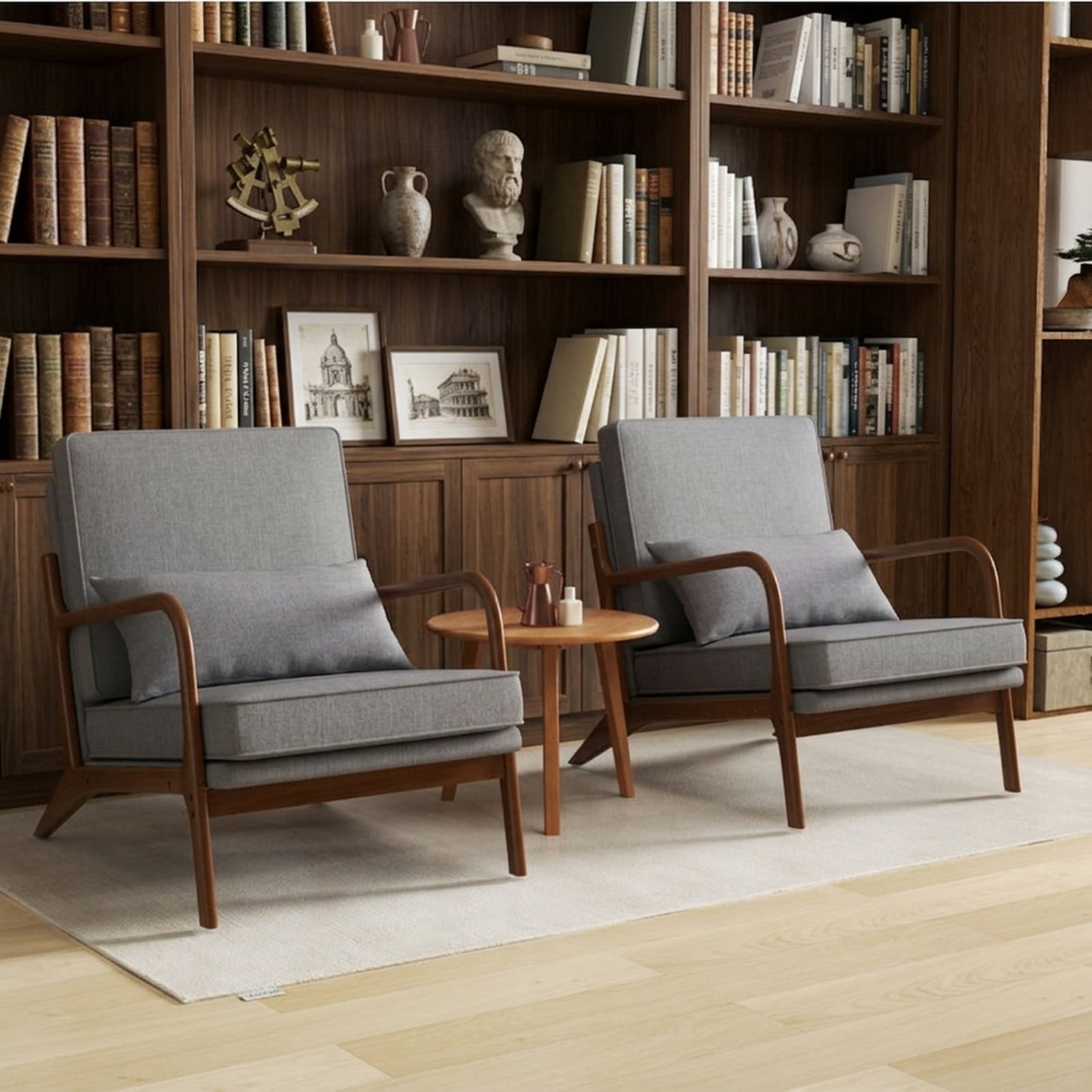 Furnibear Modern Accent Chair with Extra-Wide Padded Seat Removable Lumbar Pillow and Rubber Wood Armrests for Living Room and Bedroom, Gray