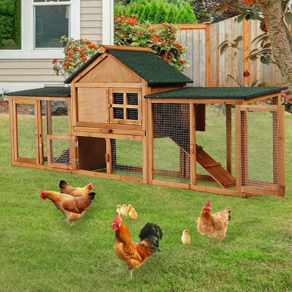 M optimized 82in Wooden Rabbit Hutch, Outdoor Chicken Coop, Bunny Hutch Guinea Pig Pet House Bunny Cage with Double Side Runs, Removable Tray, Ramps for Small Animals