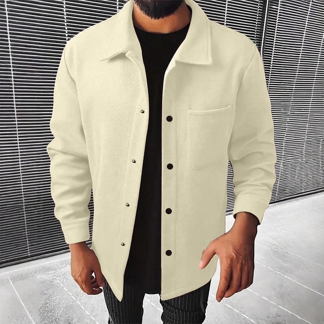 NTACZA Lapel Collar Mens Jacket Beige Wool Shirt Jacket Regular Fit Button Down Shacket Fall Mens Coats,L