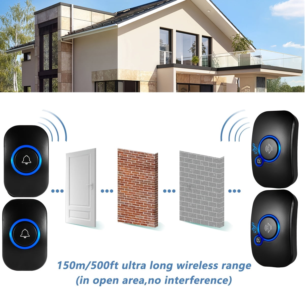 Long-range Smart Home Doorbell: 2-in-1 Design, 32 Melodies, 4 Volume Levels, LED Flash, Plug-and-Play, No Wiring, Black