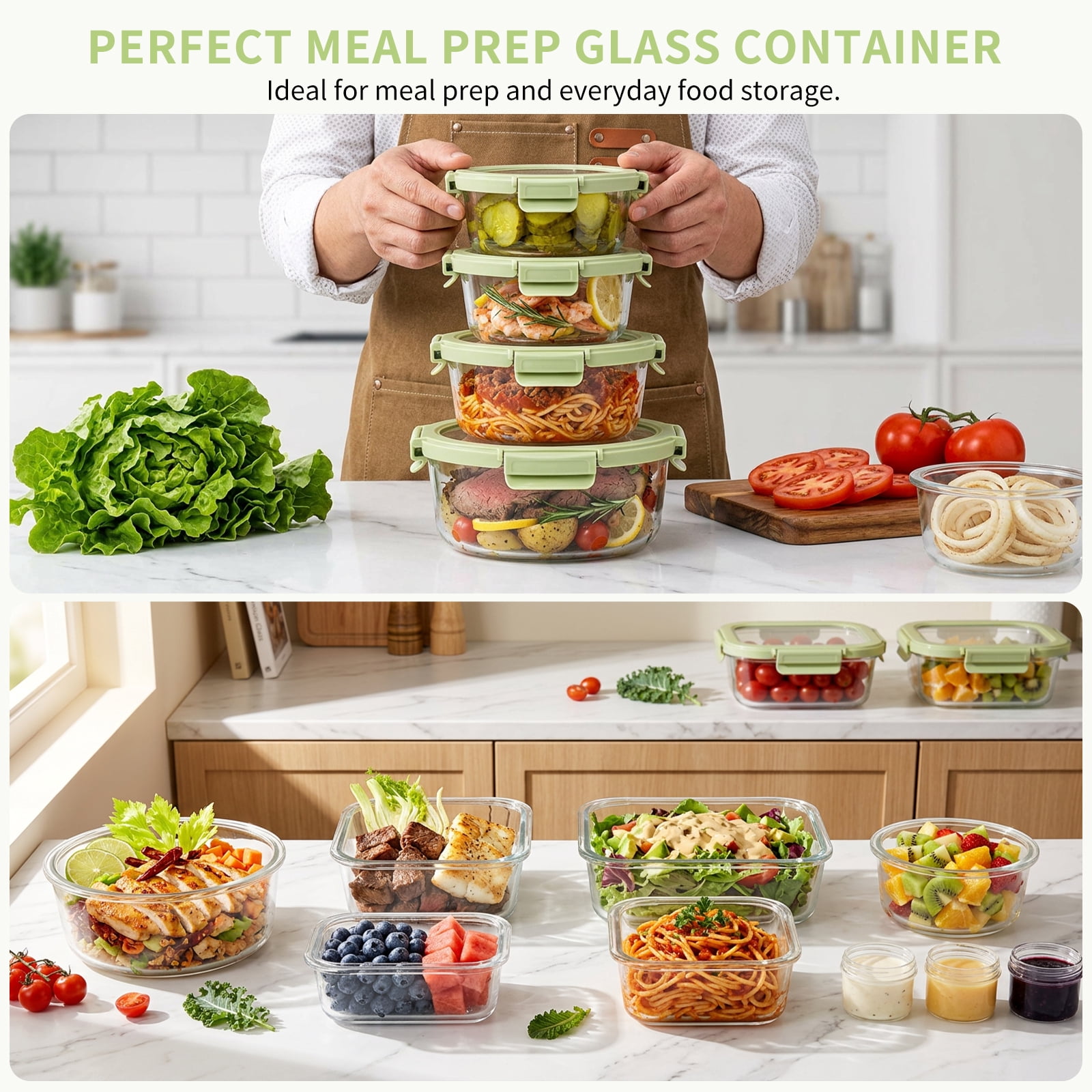 36 Pcs Glass Food Storage Containers with Tempered Lids Set, Borosilicate Oven-Safe(-4°F~950°F), Airtight Meal Prep Lunch Box Containers (18 Containers & 18 Lids), Green