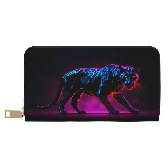 Leather Thin Slim Wallets for Women Men - Futuristic Purple Panther A、 Clutch Card Wallet for Women Men with Zipper