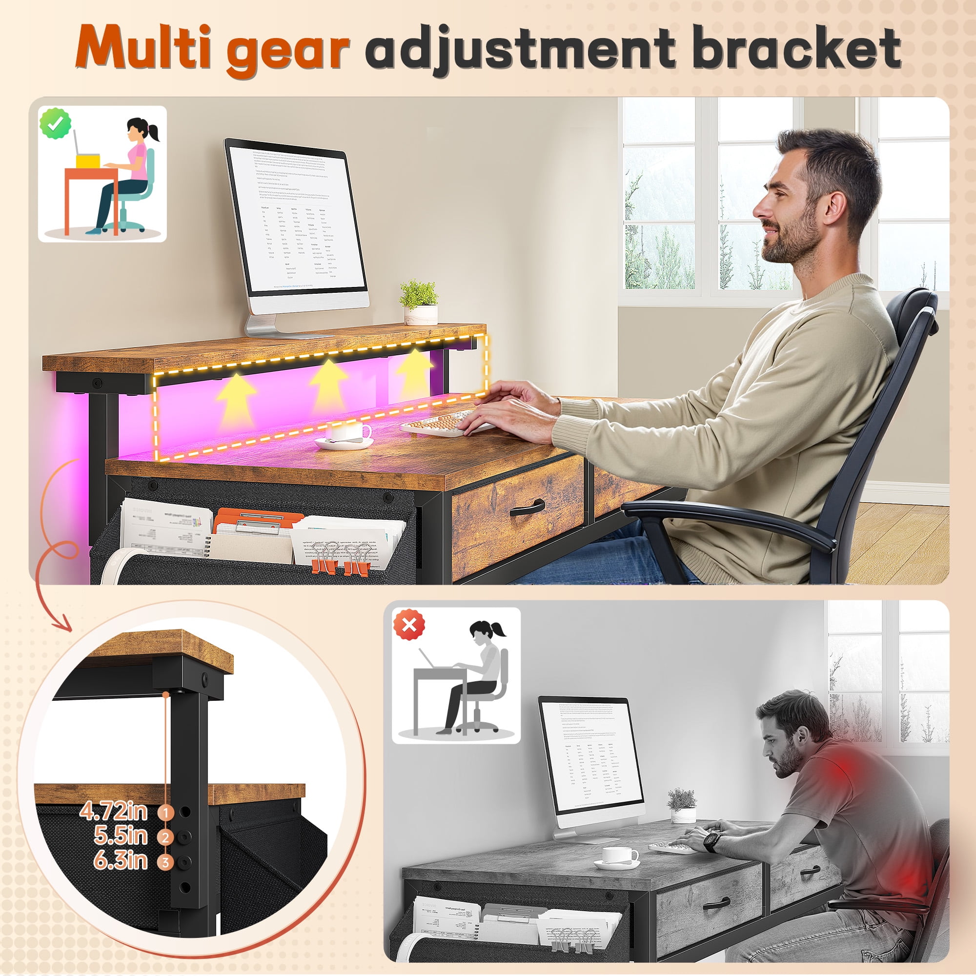 Romorgniz 37.8" H Computer Desk with LED Lights Small Desk with 2 Fabric Drawers & Side Pocket, Ergonomic Study Desk with Monitor Stand for Home Office, Gaming, Small Spaces, Rustic Brown