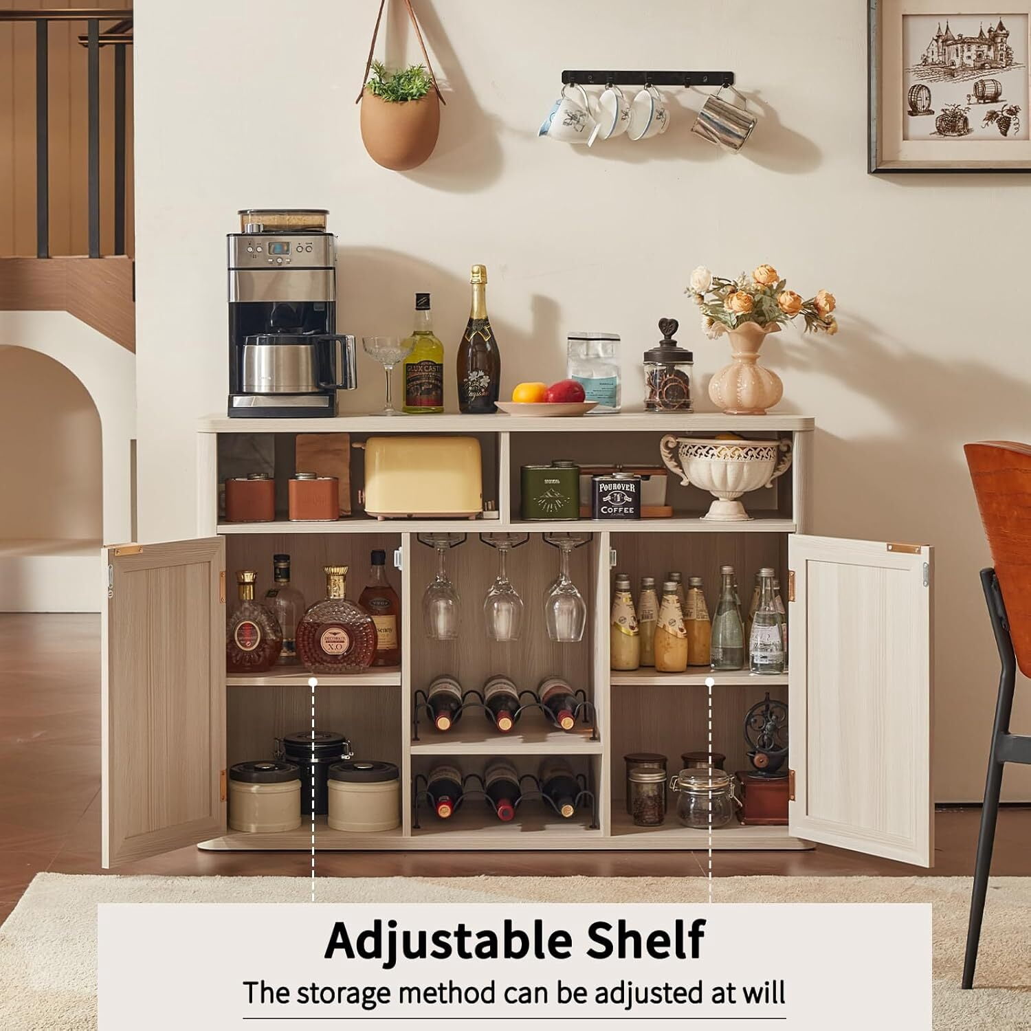 Joaxswe 47.2" Sideboards Buffets Cabinets with Doors, Boho Rattan Kitchen Storage Cabinets with Adjustable Shelves, Coffee Bar Station in Grey White