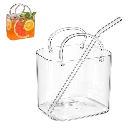 DTREELS Glass Purse for Drinks, Purse Drinking Glass with Straws, Purses Drinking Glass, Handbag Shaped Cocktail Cup, 26oz Unique Wine Glass Hand Bag, for Fruit Juice Afternoon Tea Flowers Picnic