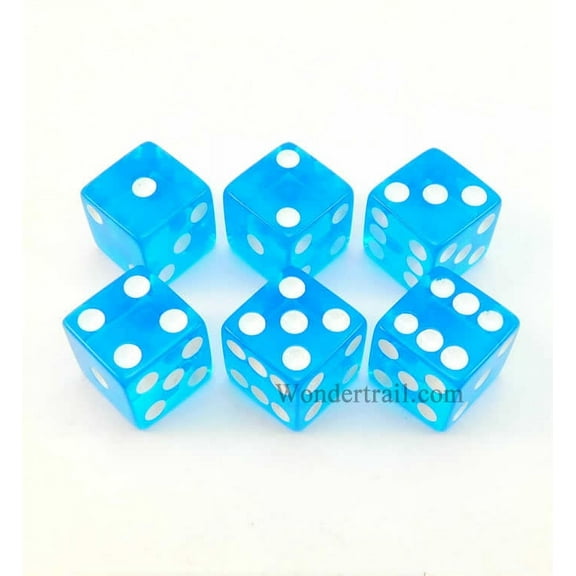 Blue Translucent Dice with White Pips D6 16mm (5/8in) Pack of 6 Koplow Games