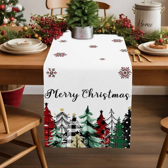 Merry Christmas Cotton Linen Table Runner Green Red Black Plaid Christmas Tree Snowflakes Dining Table Runners for Home Decor Party Dining Room Restaurant Kitchen Party 13" x 108"