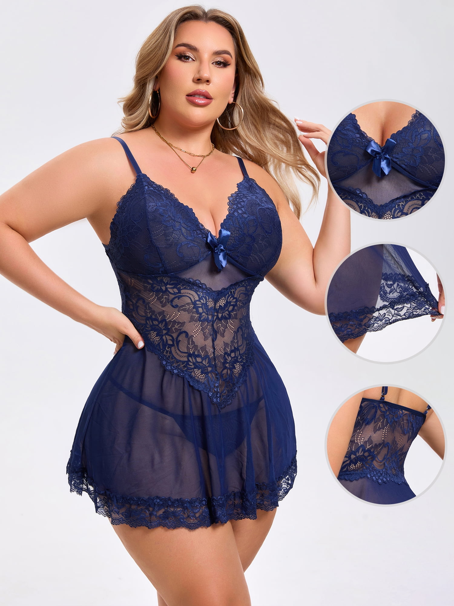 DARING DIVA Women's Plus Size Lingerie Lace V Neck Mesh See Through Chemise 2XL Blue