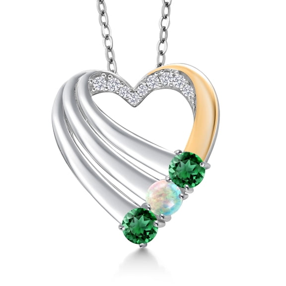 925 Silver and 10K Yellow Gold Green Nano Emerald and Simulated White Opal and White Lab Grown Diamond Heart Pendant for Women | 0.95 Cttw | Gemstone May Birthstone | With 18 inch Chain