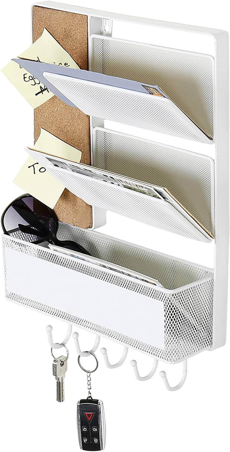 MyGift Mesh White Metal Wall Mounted Organizer with Cork Board and 5 Key Hooks 