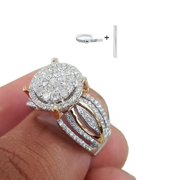 shngshifan Two-Tone Diamond Cluster Ring, 925 Sterling Silver, Size 6(2pcs accessories)