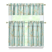 Kitchen Curtains 36 Inch Short - 3 Panel Set, Nautical Starfish Beach Seashell Mermaid Theme, Rod Pocket Window Curtain for Tropical Farmhouse, Easy Wash