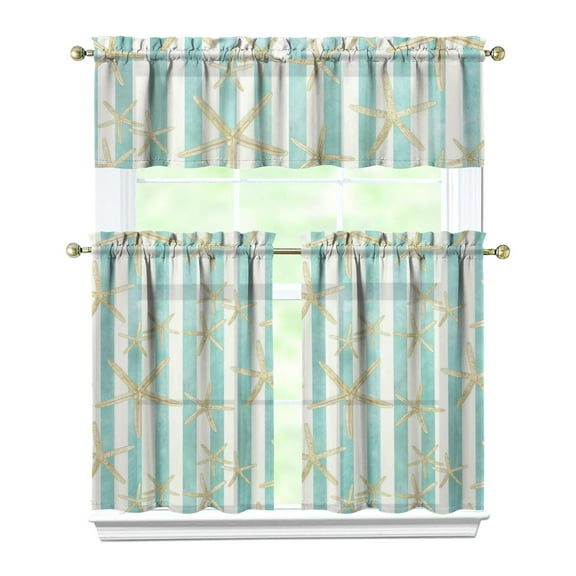 Kitchen Curtains 36 Inch Short - 3 Panel Set, Nautical Starfish Beach Seashell Mermaid Theme, Rod Pocket Window Curtain for Tropical Farmhouse, Easy Wash