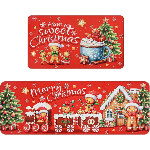 Gingerbread Man Christmas Kitchen Rugs Mats Decorations Set of 2 Winter Holiday Sink Floor Mat Carpet Non Slip Absorbent Funny Kitchen Rug Farmhouse Floor Mat Decor 17x30 and 17x47 Inch