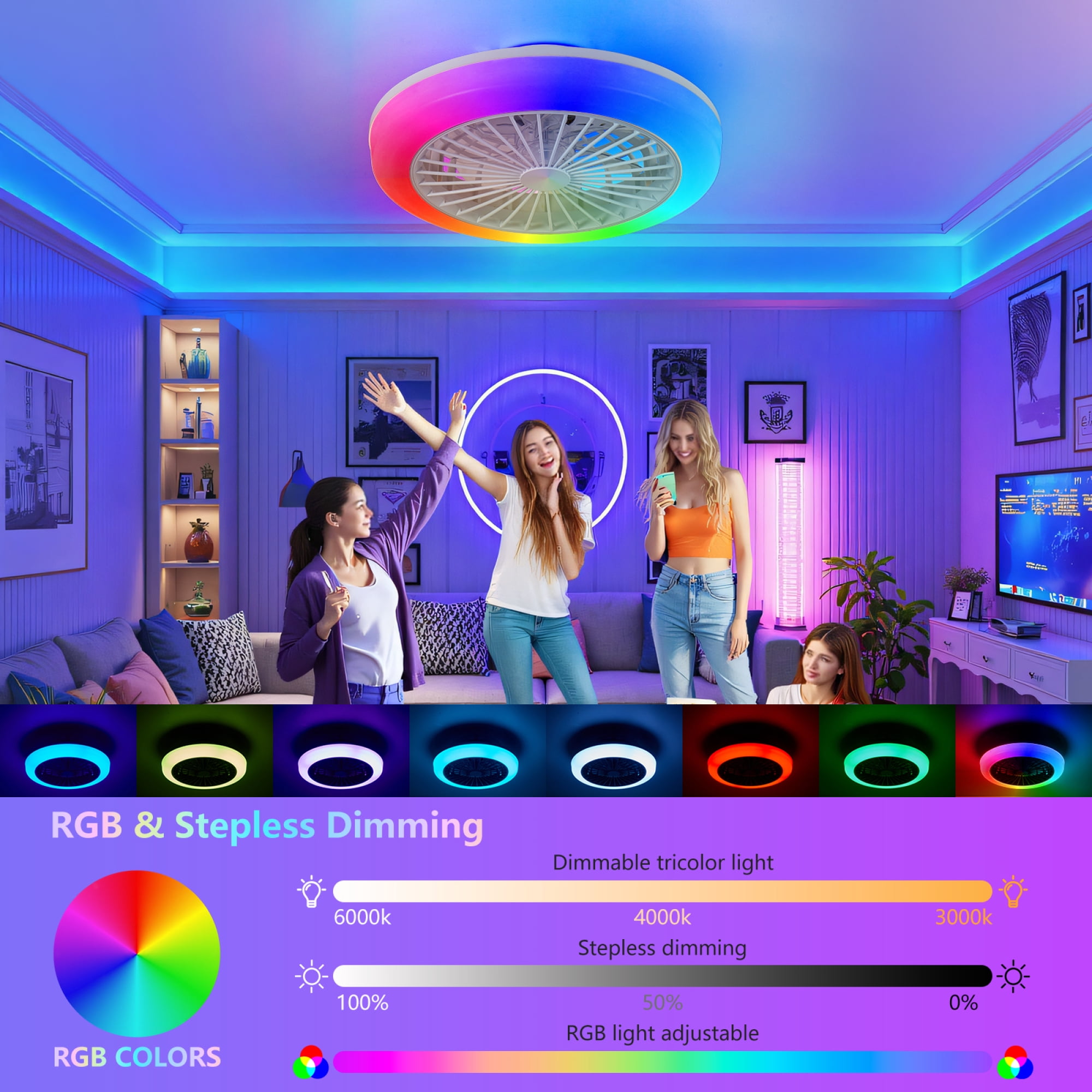 Leumius 18" Ceiling Fan with RGB Light Remote, Smart LED Ceiling Fans with Remote/App Control, Modern Low Profile Dimmable Light Ceiling Fan for Bedroom Living Room White
