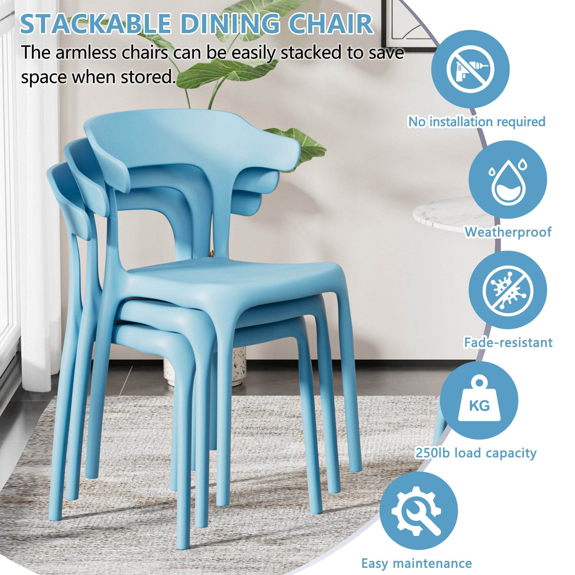 VECELO Stackable Patio Dining Chair Set of 4, Outdoor/Indoor Dining Chairs for Restaurant, Poolside and Garden, No Assembly, Blue