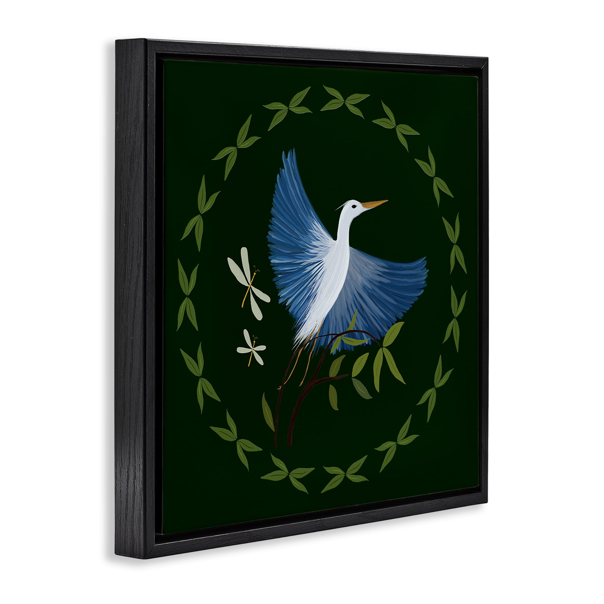 Stupell Industries Heron & Dragonflies Wreath Animals Painting Black Floater Framed Canvas Art Print Wall Art, 25 x 25