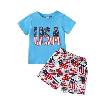 

jaweiwi Independence Day Baby Toddler Clothes Suits 0 6M 12M 18M 24M 2T 3T 4th of July Letter Print Crew Neck Short Sleeve T-Shirts Tops and Flag Star Stripe Print Shorts 2Pcs Outfits Set