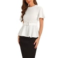 thumbnail image 4 of INSPIRE CHIC Women's Peplum Blouse Round Neck Bell Sleeve Belted Waist Office Blouse S White, 4 of 6