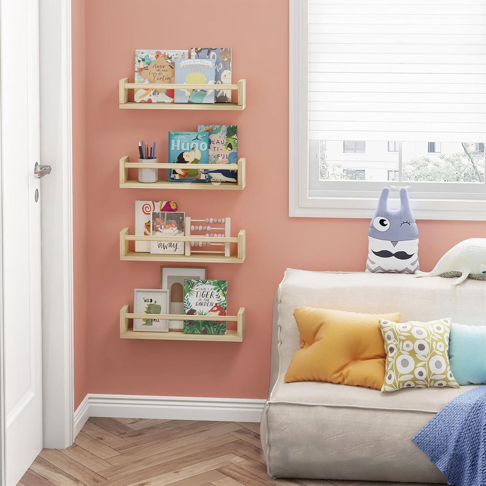 DICEEVIL 4PCS Wood Nursery Book Shelves Wall Mounted, Floating Bookshelf for Kids Room Decor, Toys and Books Storage Organizer Shelves for Child Bedroom Bathroom Kitchen