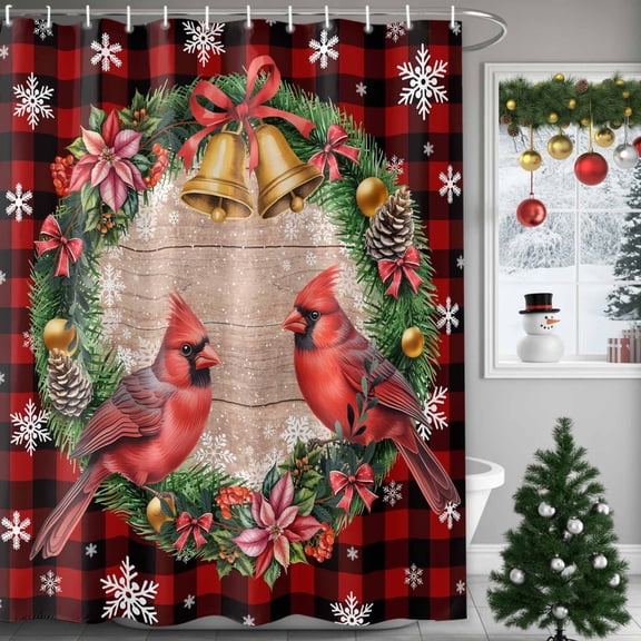 Shower Curtain, Christmas Cardinal Bell Flower Waterproof Shower Curtain Set with Hooks for Bathroom Showers,Stalls and Bathtubs,72x72In Red Black Checkered Snowflake