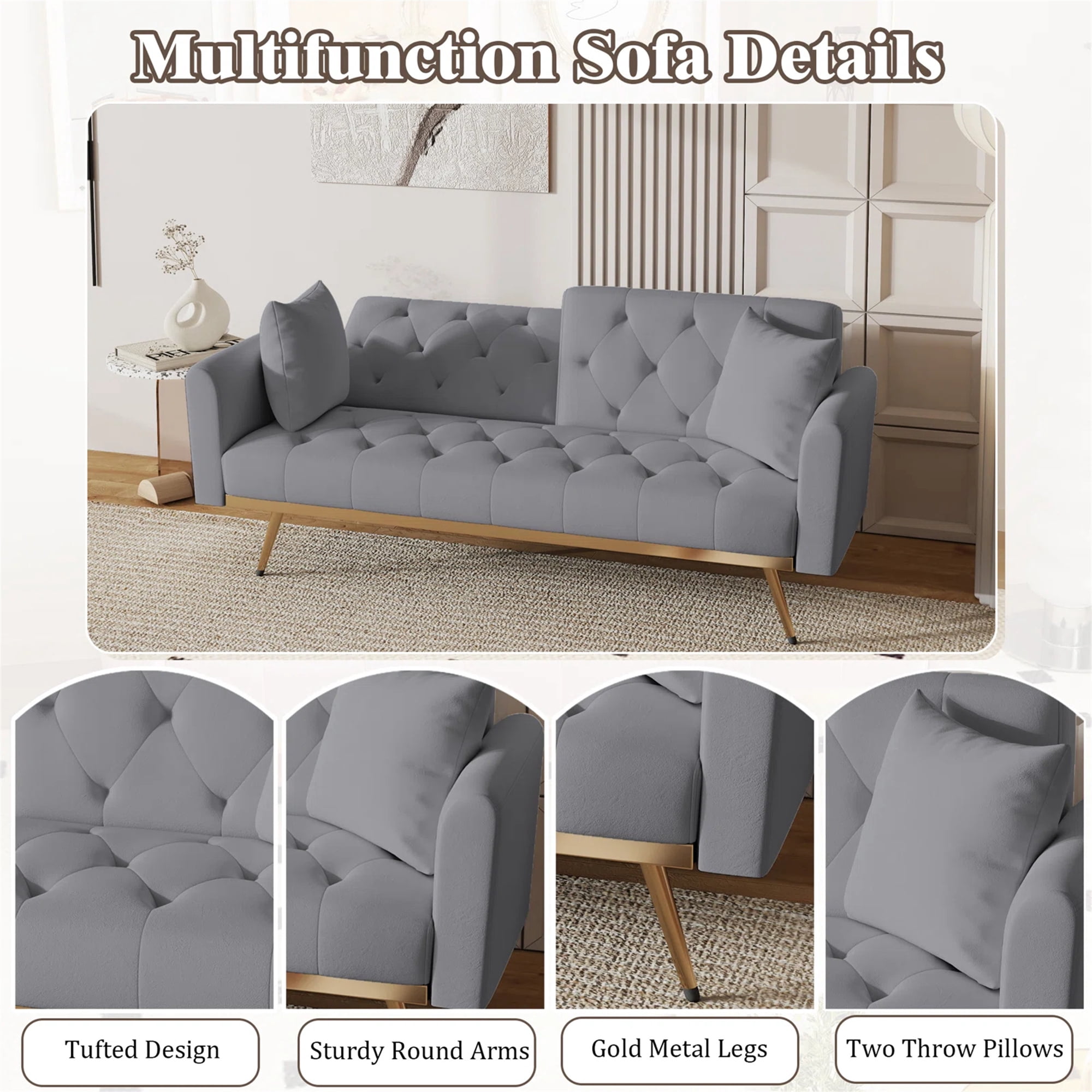 Aukfa Velvet Futon Convertible Sofa Bed for Home Office, 2 Pillows, Upgraded Metal Base, Gray