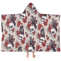Beige Skull Crow Flower Pattern Hooded Bath Towel，60"x35" for Ages 3 To 12 Kids, Quick Dry Lightweight Soft Microfiber Hood Beach Towel Cover Up for Kids