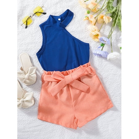 

Sleeveless Toddler Girls Asymmetrical Neck Tank Tops T Shirt Paperbag Waist Belted Shorts S221904X Multicolor 110(4-5Y)
