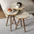 thumbnail image 5 of Round Nesting Set of 3, Modern Woodgrain Look with Black Base for Living Room Coffee Tables or Nightstands - Side End Table (White Marble Design - Gold Side, Round-Wood Leg), 5 of 16