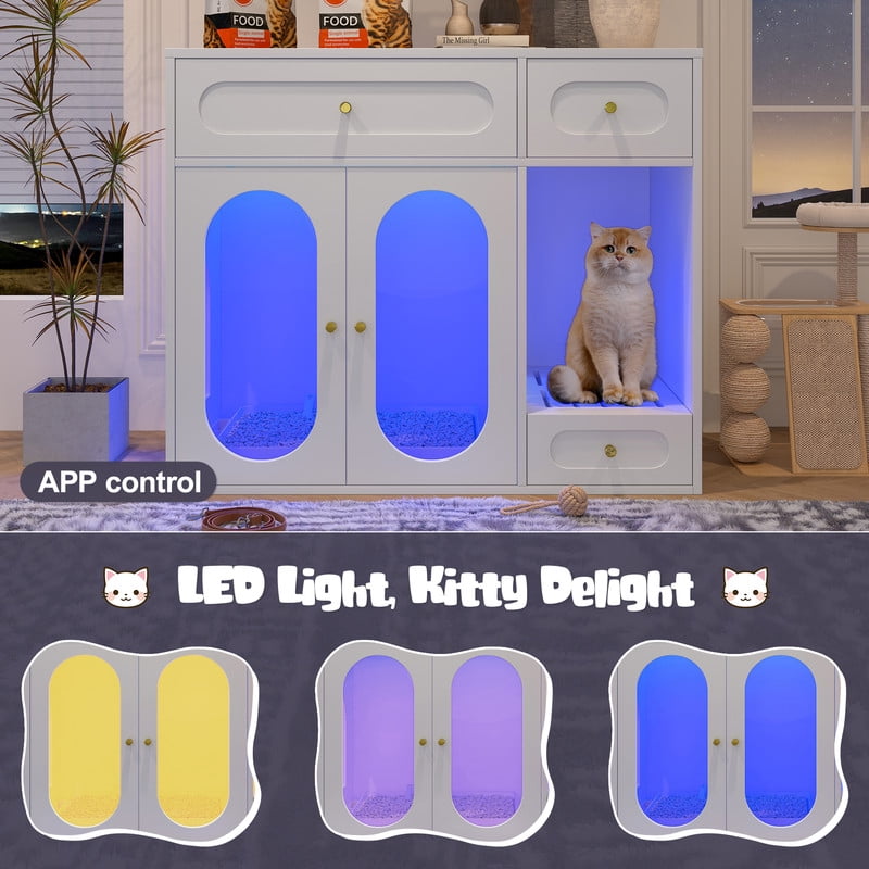 Mirightone Hidden Cat Litter Box Enclosure with Storage Drawer Table, Cat Box Enclosure Furniture with LED Light & Acrylic Doors, Indoor Pet House for Living Room & Entryway, White