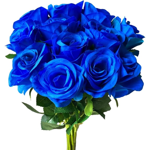 12 PCS Rose Artificial Silk Flowers, Fake Roses with Long Stems Realistic Faux Rose Flower Bouquets for Home Wedding tion Party-Sapphire Blue