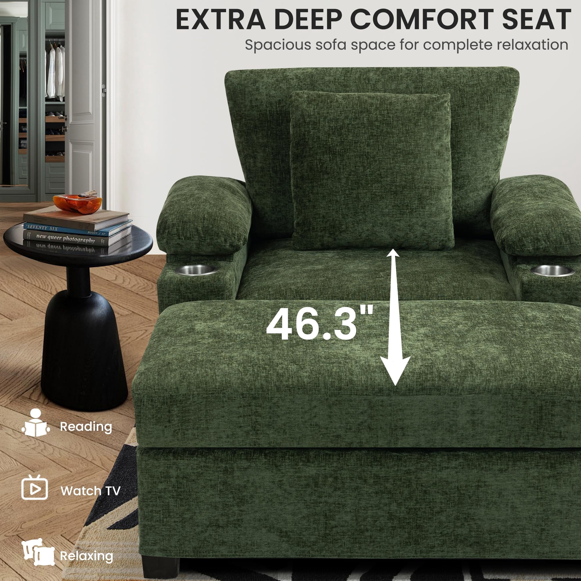 Aukfa 58" Chaise Lounge Oversized Sofa Chair with 2 Cup Holders&USB Ports, Chenille, Green