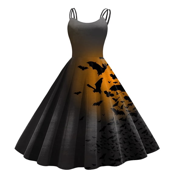 Women Halloween Print Sleeveless 1950s Evening Party Tennis Prom Dress for Women Casual Wear Gray M