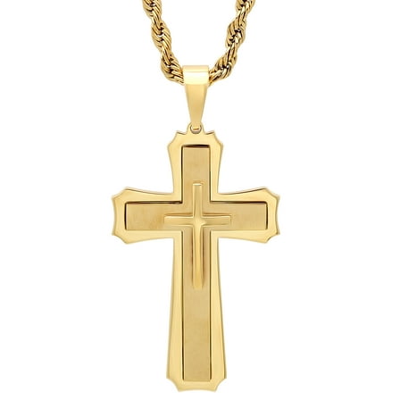 Mens Gold-Tone Stainless Steel Stacked Cross Pendant Necklace