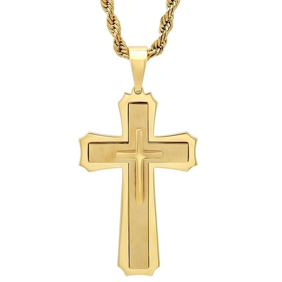 Mens Gold-Tone Stainless Steel Stacked Cross Pendant Necklace