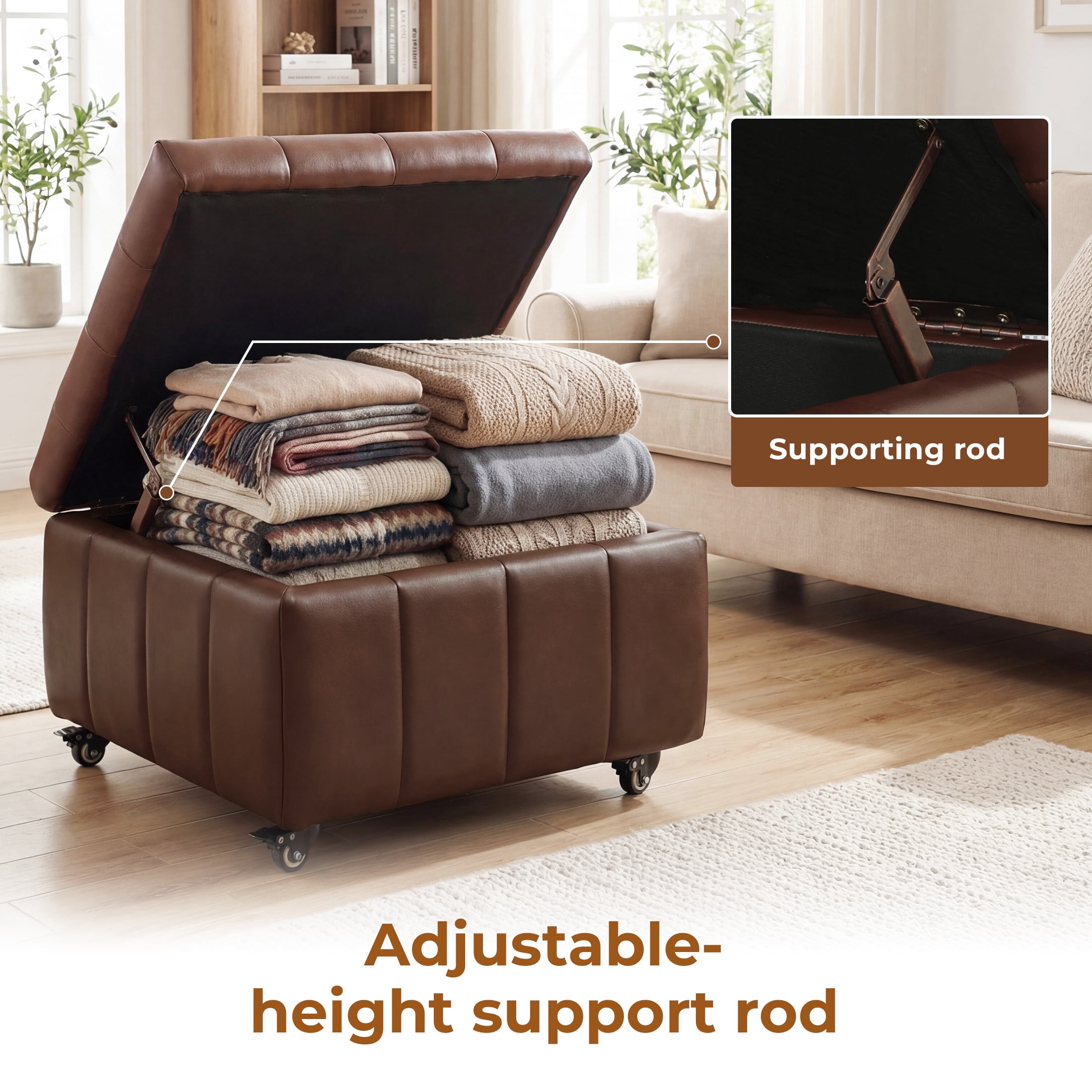 Poshby Square Faux Leather Storage Ottoman, Coffee Table Footrest Stool with Pulley Legs for Living Room or Bedroom, Dark Brown
