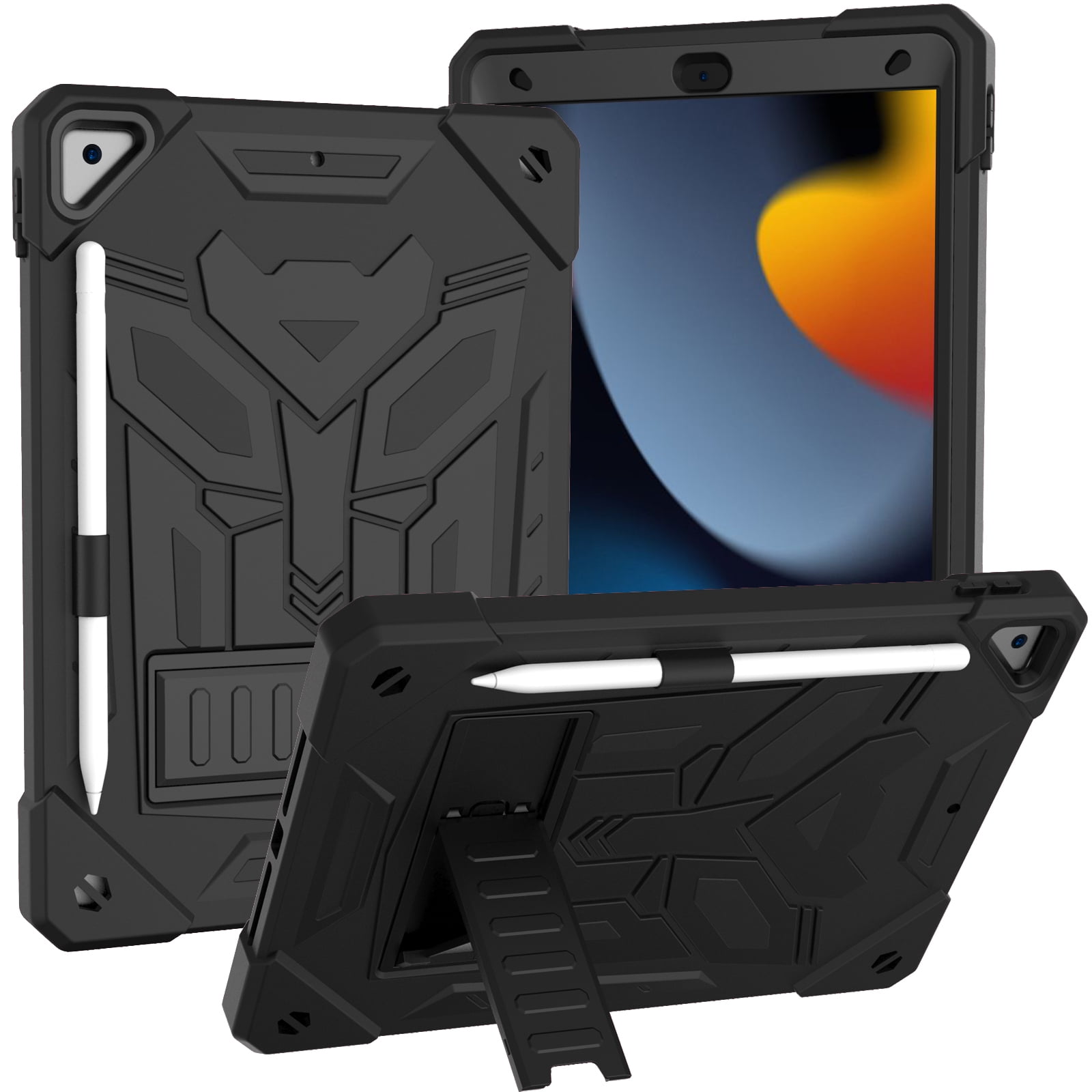 ELEHOLD Hybrid Rugged Case for iPad 9th/8th/7th Gen 10.2 2021/2020/2019, Heavy Duty Shockproof Case with Hidden Foldable Kickstand Adjustable Crossbody Shoulder Strap Pencil Holder,Black