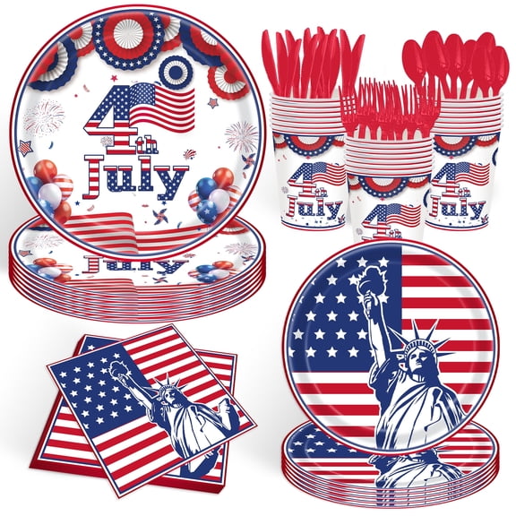 168pcs 4th of July Plates Set Round Blue Paper Plates - Patriotic Decorations for Memorial Day, Independence Day, 4th of July Party Supplies
