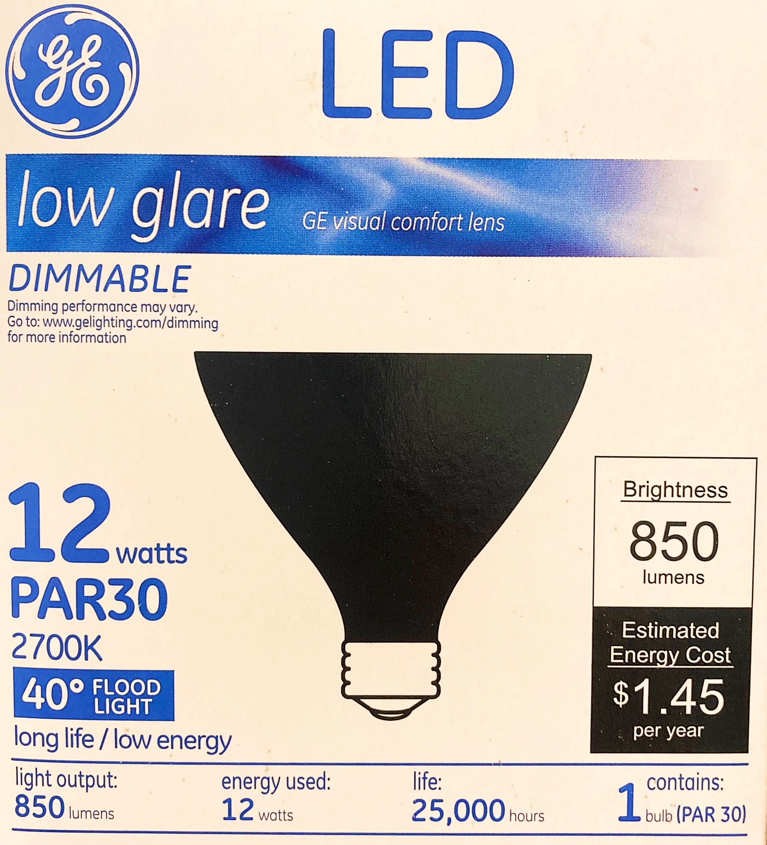 (6 bulbs) GE 50630 low glare LED PAR30, 12 watt, black, Dimmable, Visual Comfort Lens, 40 degree flood LED light bulb, 850 lumens, 2700K warm white