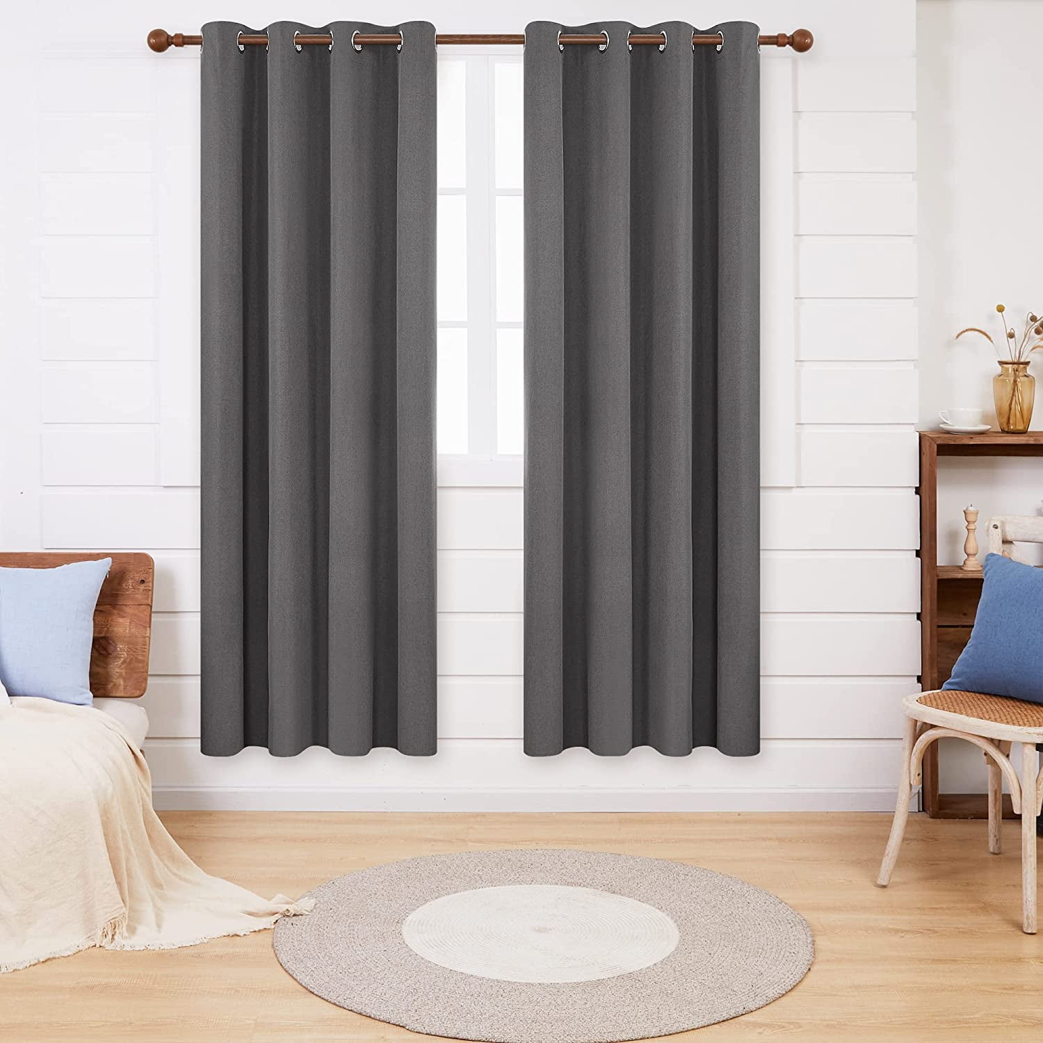 Deconovo 100% Black Out Window Curtains for Living Room 72 inch Length, Linen Textured Thermal Curtains for Living Room (Dark Gray, 52W x 72L inch)