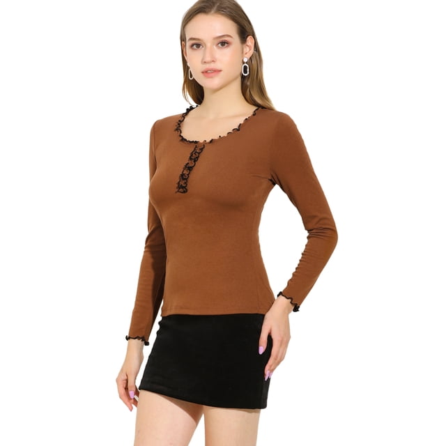 INSPIRE CHIC Blusa Elástico Ribete De Volantes En Contraste Manga Larga Naranja Delgado Para Mujer Marrón M