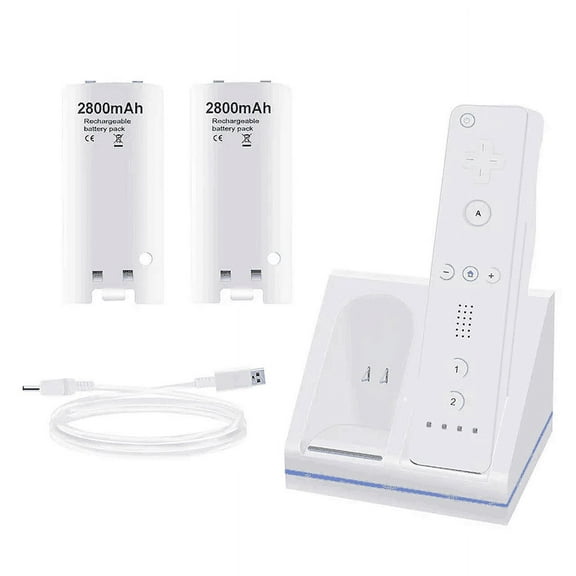 Rechargeable Battery Packs with Charger for Wii & Wii U Remote Controller, (Dual Remote Charging Station Dock 2 Pack 2800mAh Wii Replacement Batteries USB Cable)