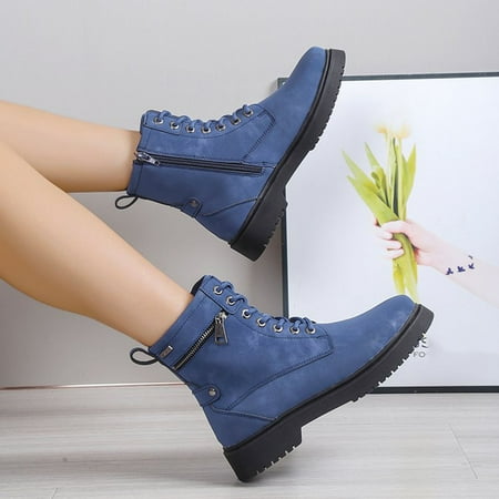 

HAOTAGS Women s Side Zipper Chunky Heel Mid Calf Boots Lace Up Vintage Womens Dressy Shoes Blue Size 9