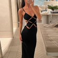 thumbnail image 2 of Hollow Out Metal Ring Backless Sexy Long Dress Women's Halter V-Neck Sleeveless Dress, Solid Color, 2 of 14
